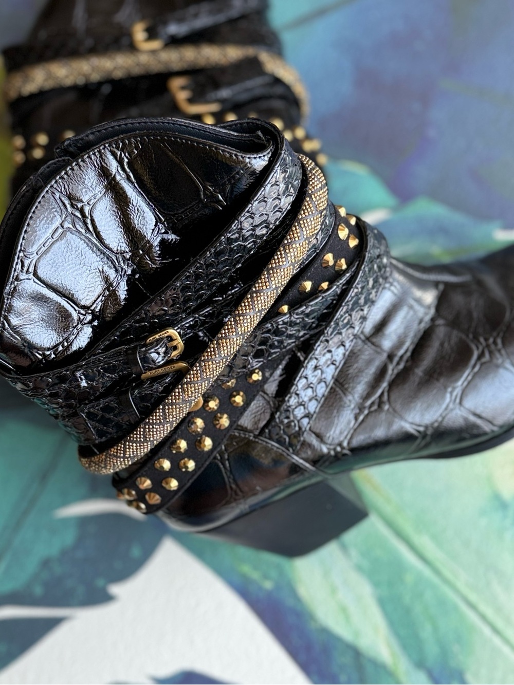 KURT GEIGER BLACK Croc-Embossed Pointed Ankle Booties gold accents western shoes - Picture 4 of 14